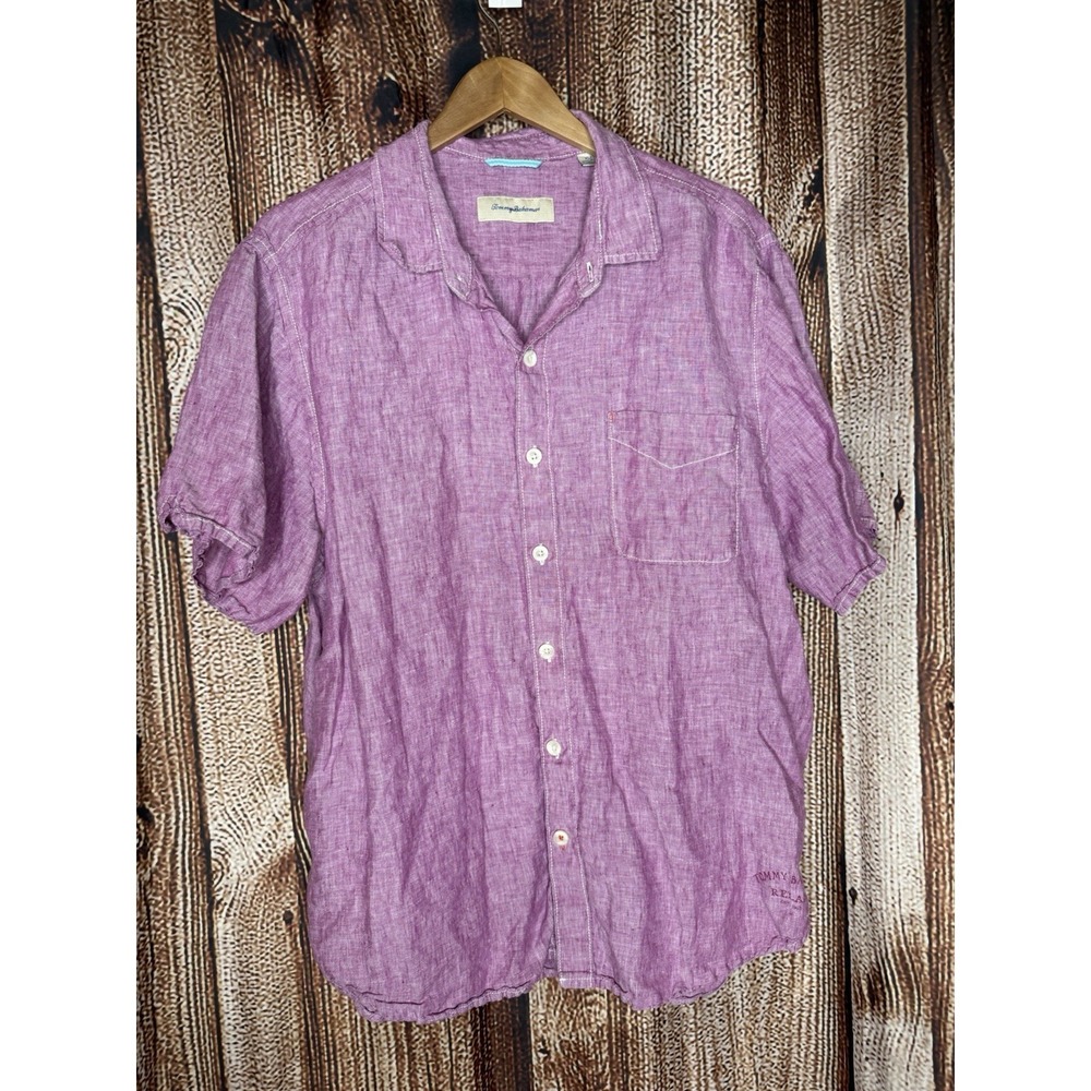 Tommy Bahama Mens Purple Short Sleeve Linen Button Up Shirt Size XL Beach